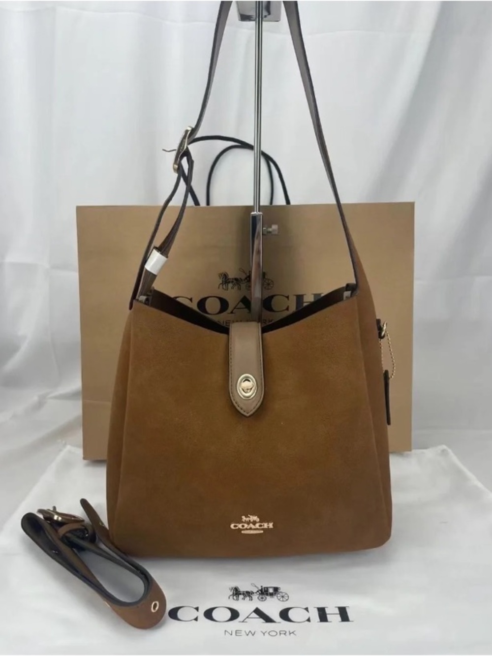 COACH Brown Suede Hobo Shoulder Bag with Gold-Tone Accent